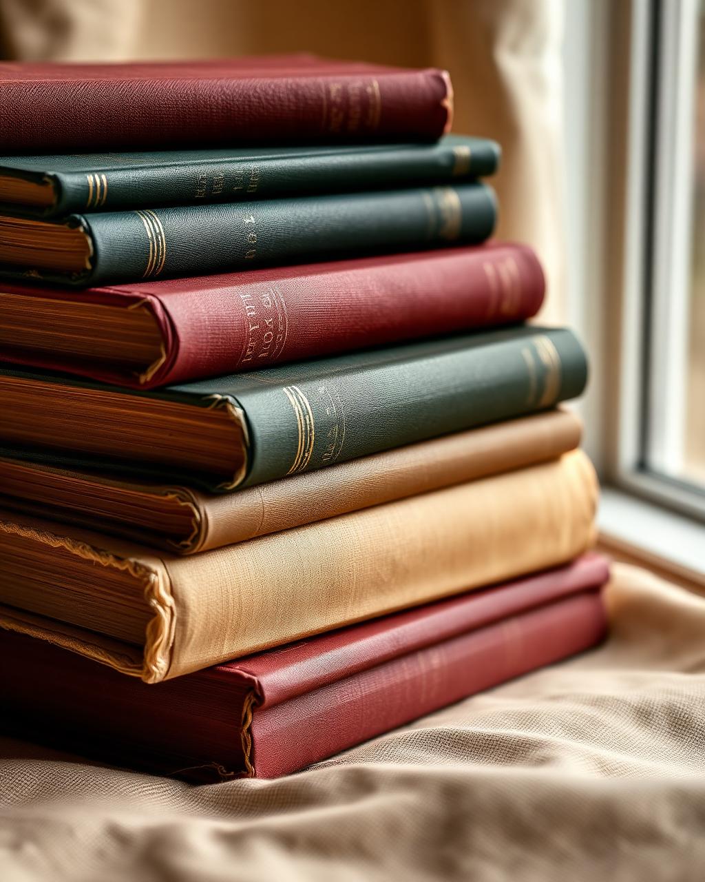 A stack of worn cloth-bound vintage books on linen by a window
